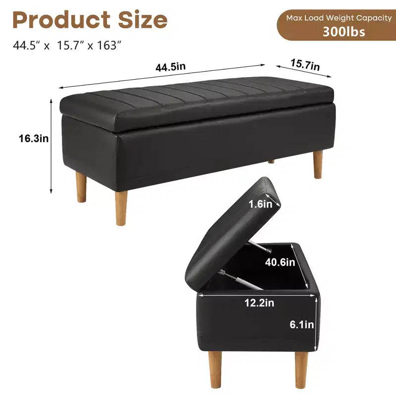 Panca Contenitore Moderna in Similpelle PU 44", Contenitore Profondo 6.1", Facile da Pulire, Nera