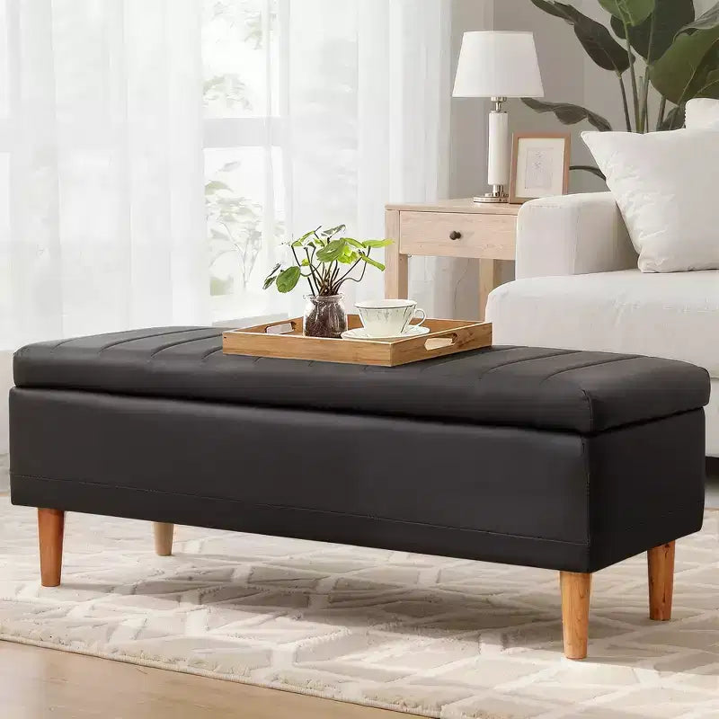 Panca Contenitore Moderna in Similpelle PU 44", Contenitore Profondo 6.1", Facile da Pulire, Nera