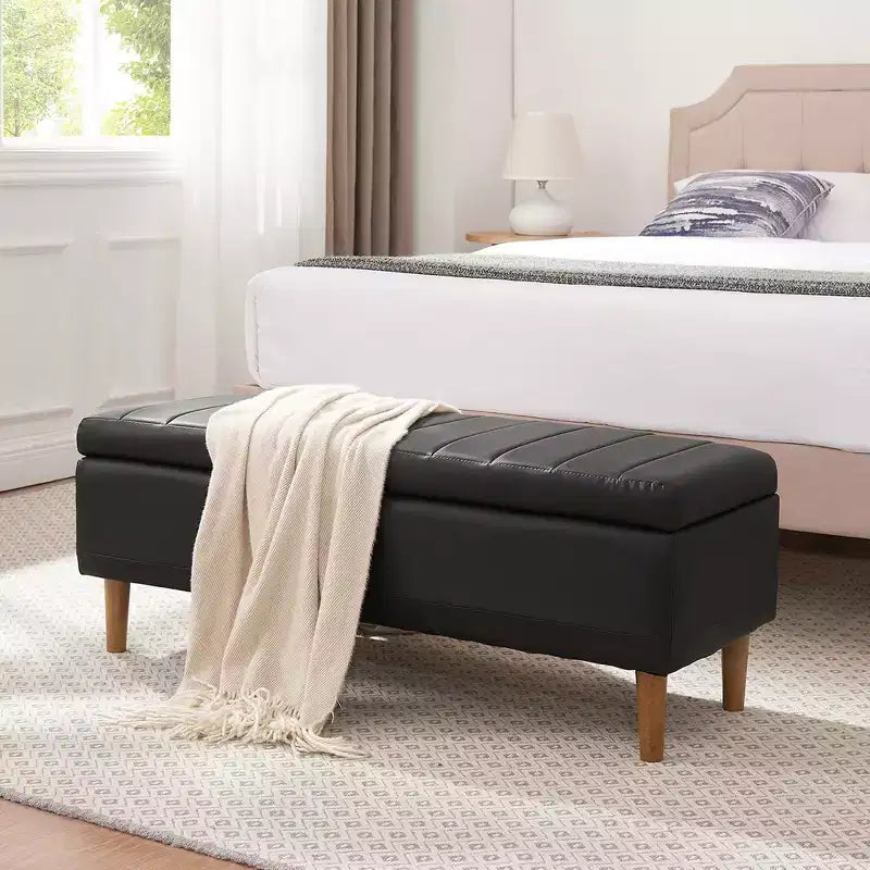 Panca Contenitore Moderna in Similpelle PU 44", Contenitore Profondo 6.1", Facile da Pulire, Nera