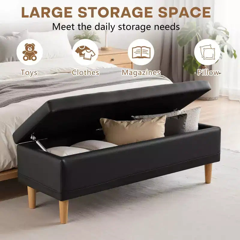 Panca Contenitore Moderna in Similpelle PU 44", Contenitore Profondo 6.1", Facile da Pulire, Nera