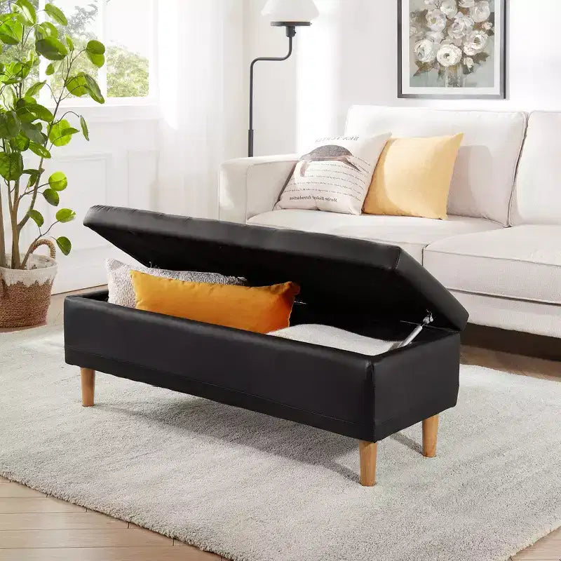Panca Contenitore Moderna in Similpelle PU 44", Contenitore Profondo 6.1", Facile da Pulire, Nera