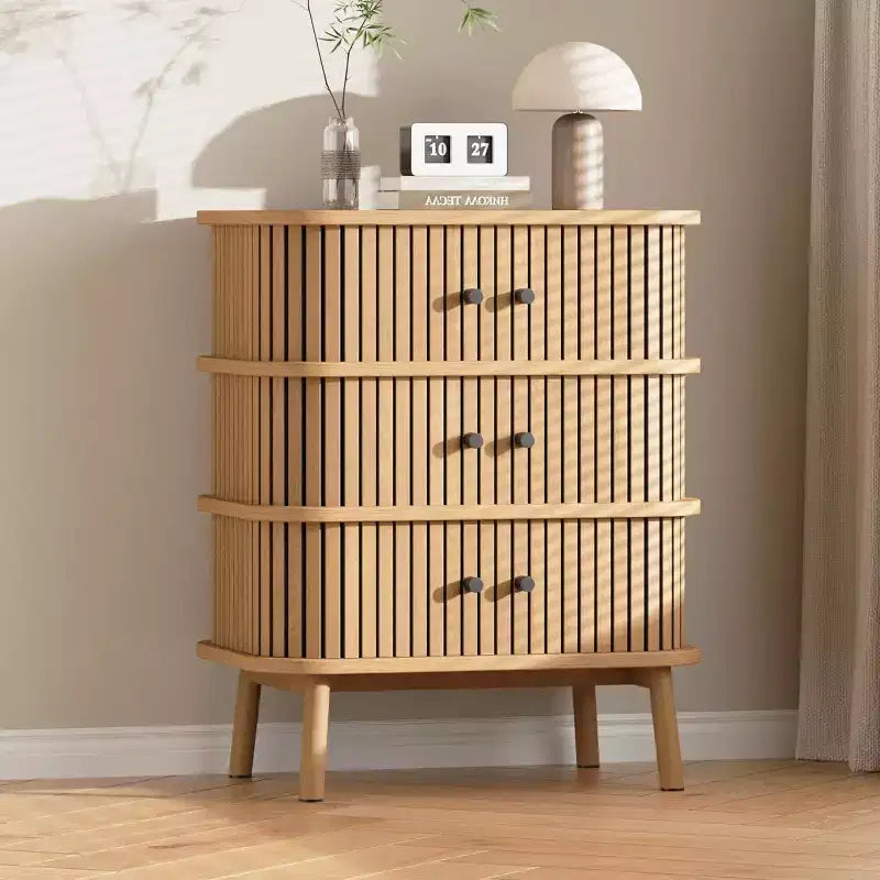 COZONY Mid Century Wicker Dresser, 3 Drawer Natural Chest with Black Handles & Wood Legs for Bedroom & Hallway