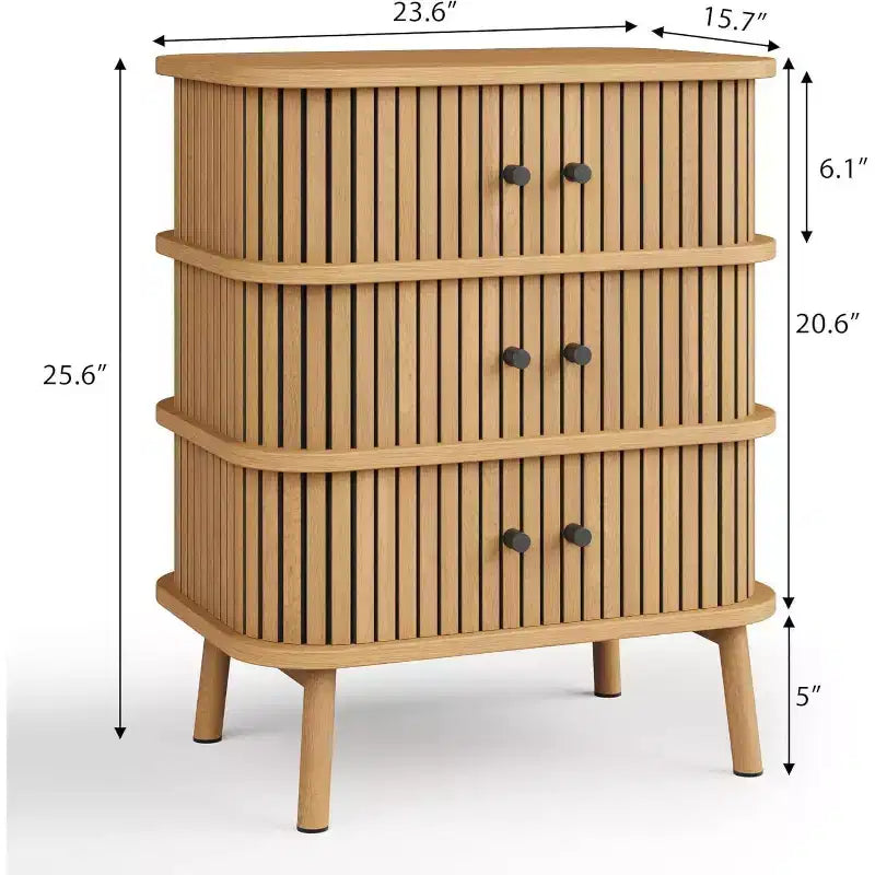 Comò in Vimini Mid-Century, Cassettiera a 3 Cassetti Naturale con Maniglie Nere e Gambe in Legno per Camera da Letto e Corridoio