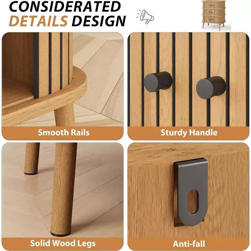 Comò in Vimini Mid-Century, Cassettiera a 3 Cassetti Naturale con Maniglie Nere e Gambe in Legno per Camera da Letto e Corridoio