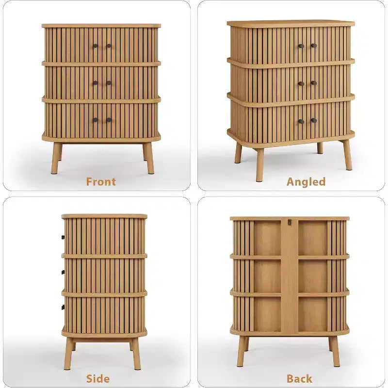 Comò in Vimini Mid-Century, Cassettiera a 3 Cassetti Naturale con Maniglie Nere e Gambe in Legno per Camera da Letto e Corridoio