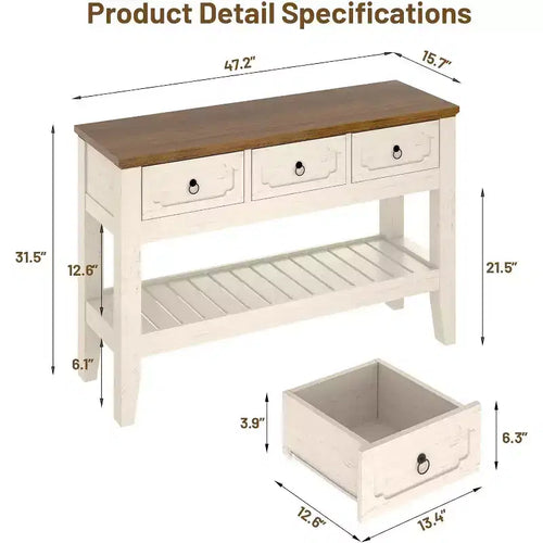 Tavolino consolle lungo 120 cm, tavolo da divano stretto in stile rustico con cassetti e ripiano inferiore per ingresso salotto e foyer, bianco rustico
