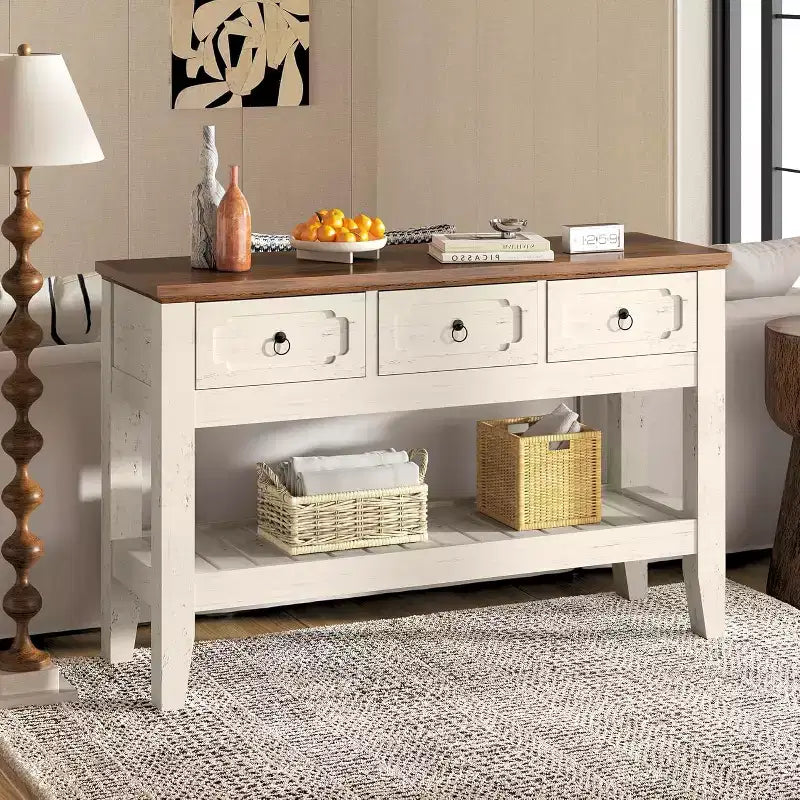Tavolino consolle lungo 120 cm, tavolo da divano stretto in stile rustico con cassetti e ripiano inferiore per ingresso salotto e foyer, bianco rustico