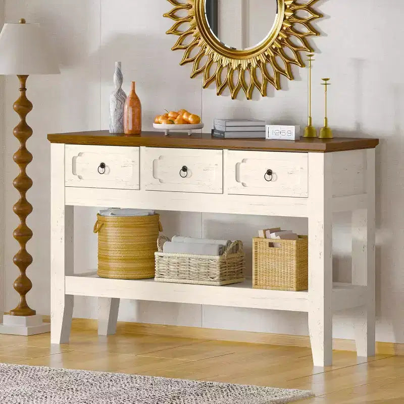 Tavolino consolle lungo 120 cm, tavolo da divano stretto in stile rustico con cassetti e ripiano inferiore per ingresso salotto e foyer, bianco rustico
