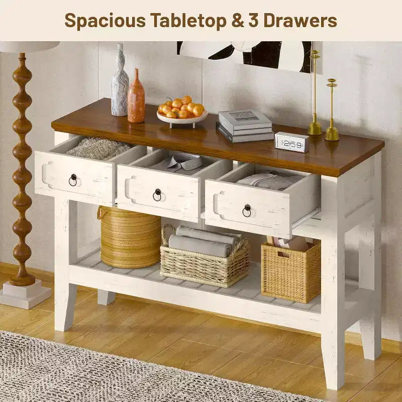 Tavolino consolle lungo 120 cm, tavolo da divano stretto in stile rustico con cassetti e ripiano inferiore per ingresso salotto e foyer, bianco rustico