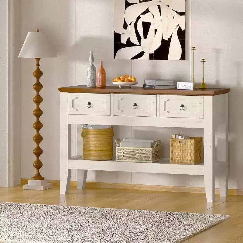 Tavolino consolle lungo 120 cm, tavolo da divano stretto in stile rustico con cassetti e ripiano inferiore per ingresso salotto e foyer, bianco rustico