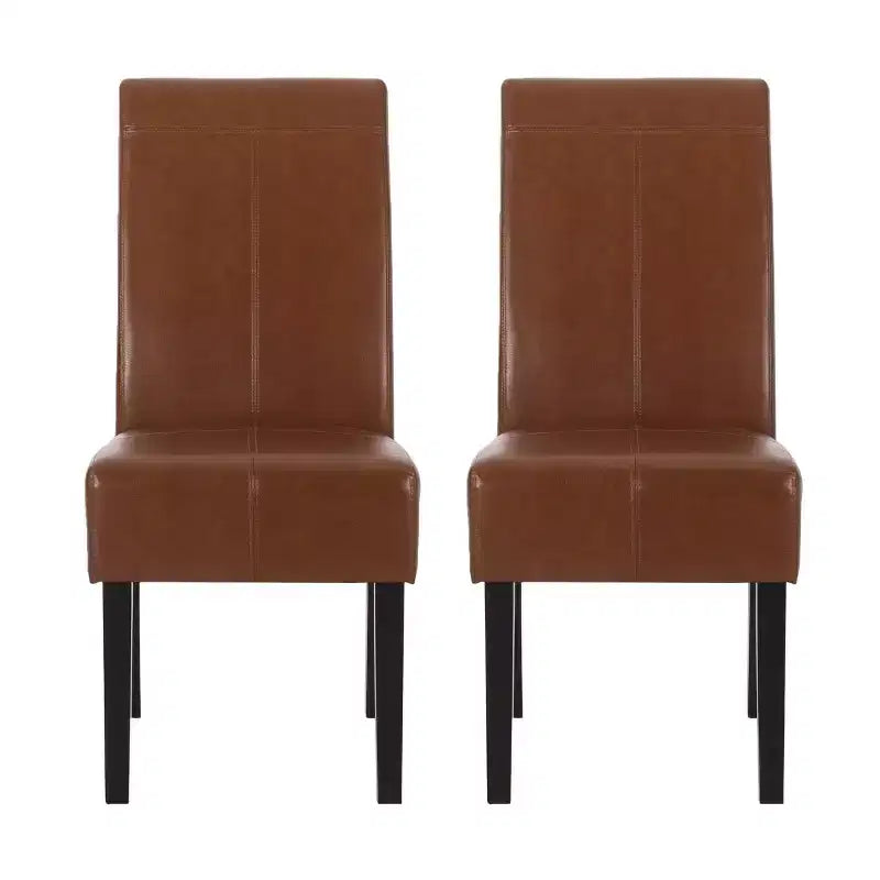 Set di 2 sedie da pranzo imbottite in similpelle con cucitura a T, marrone cognac con gambe color espresso