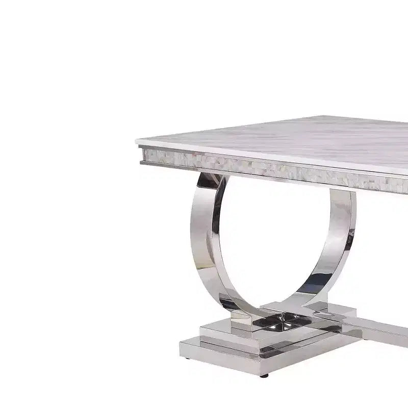 Tavolo da Pranzo con Piano Effetto Marmo in Finitura Bianco e Argento, Tavolo da Cucina Moderno Glamour