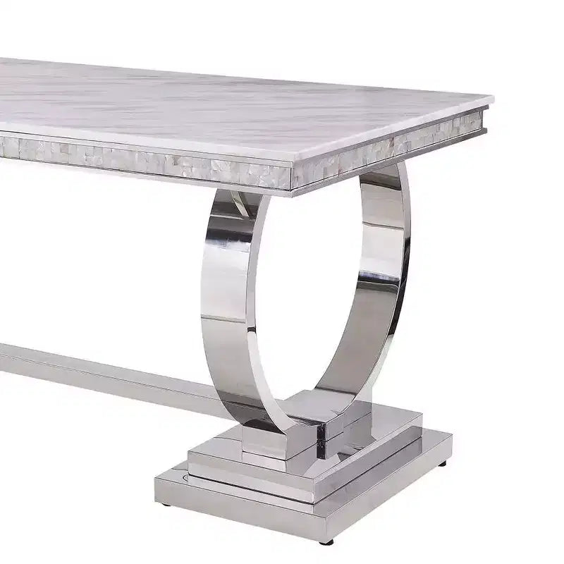 Tavolo da Pranzo con Piano Effetto Marmo in Finitura Bianco e Argento, Tavolo da Cucina Moderno Glamour