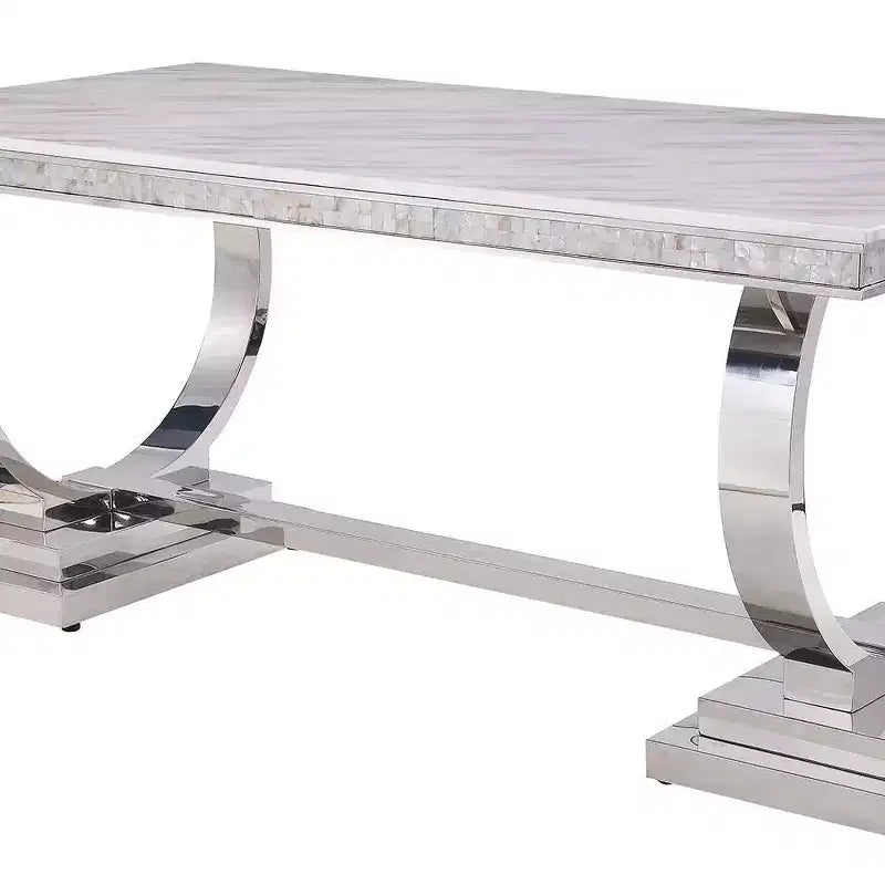 Tavolo da Pranzo con Piano Effetto Marmo in Finitura Bianco e Argento, Tavolo da Cucina Moderno Glamour