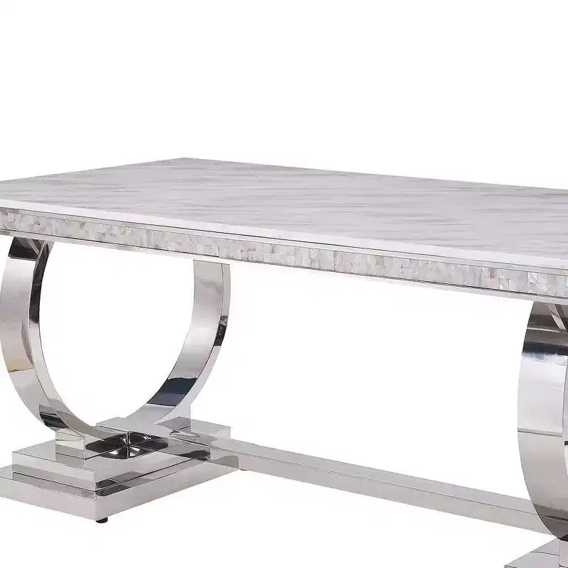 Tavolo da Pranzo con Piano Effetto Marmo in Finitura Bianco e Argento, Tavolo da Cucina Moderno Glamour