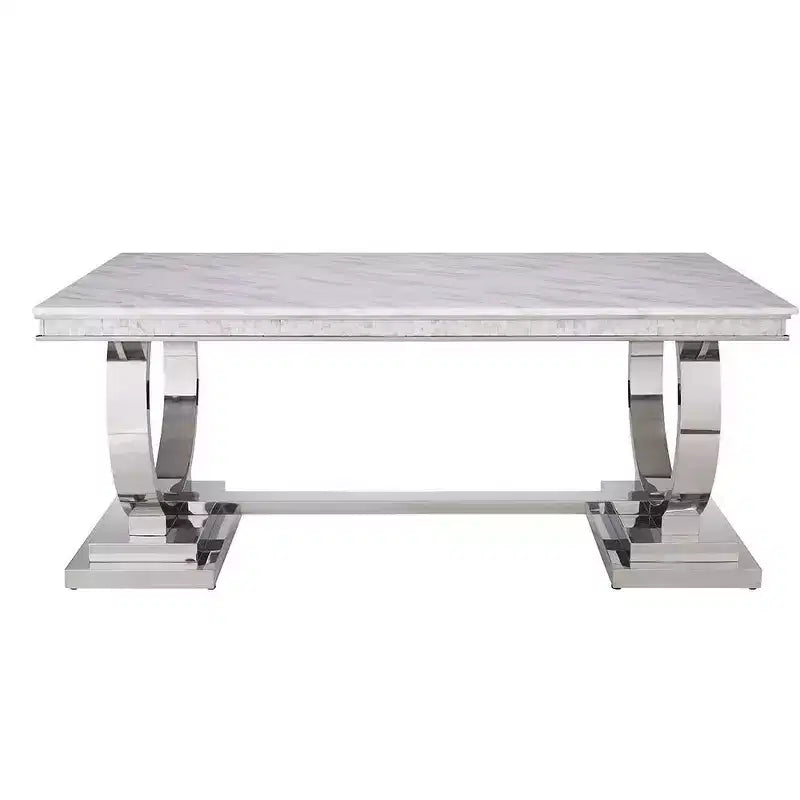 Tavolo da Pranzo con Piano Effetto Marmo in Finitura Bianco e Argento, Tavolo da Cucina Moderno Glamour