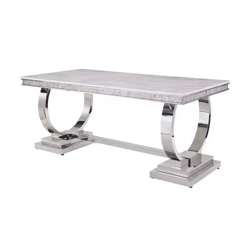 Tavolo da Pranzo con Piano Effetto Marmo in Finitura Bianco e Argento, Tavolo da Cucina Moderno Glamour