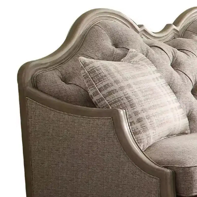 Divanetto imbottito, tessuto beige e tortora antico, 2 posti, struttura in legno, nessun montaggio