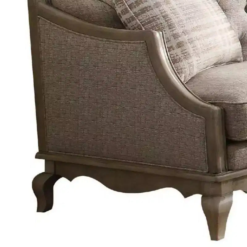 Divanetto imbottito, tessuto beige e tortora antico, 2 posti, struttura in legno, nessun montaggio