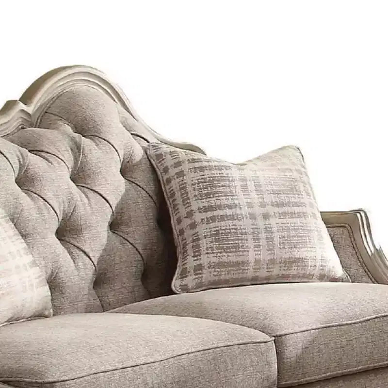 Divanetto imbottito, tessuto beige e tortora antico, 2 posti, struttura in legno, nessun montaggio