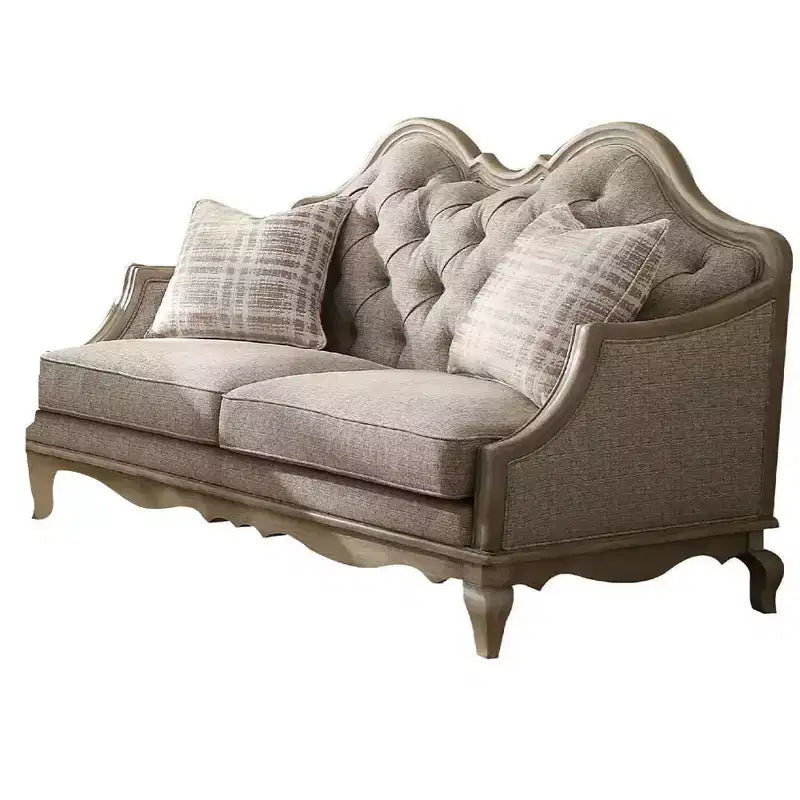 Divanetto imbottito, tessuto beige e tortora antico, 2 posti, struttura in legno, nessun montaggio