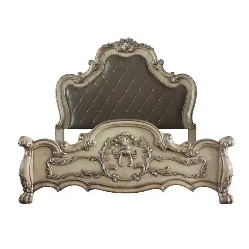 Letto a due piazze in similpelle 92" Queen, decorazioni a volute capitonné, bianco osso vintage