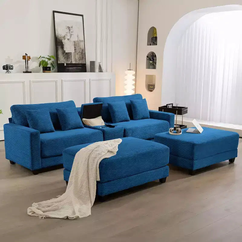 Divano angolare in velluto a coste Hyleory da 112 pollici con due pouf e tavolino contenitore da soggiorno