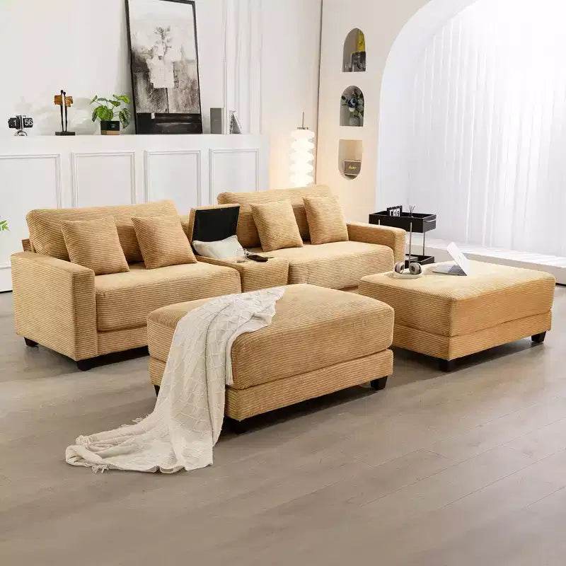Divano angolare in velluto a coste Hyleory da 112 pollici con due pouf e tavolino contenitore da soggiorno