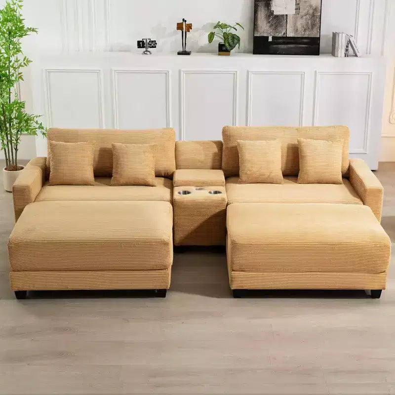 Divano angolare in velluto a coste Hyleory da 112 pollici con due pouf e tavolino contenitore da soggiorno
