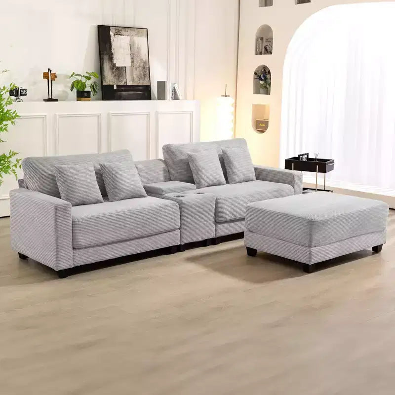 Divano sezionale a 3 posti in velluto a coste da 112" con pouf per soggiorno, 3 posti