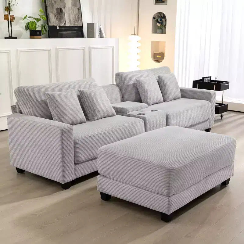 Divano sezionale a 3 posti in velluto a coste da 112" con pouf per soggiorno, 3 posti