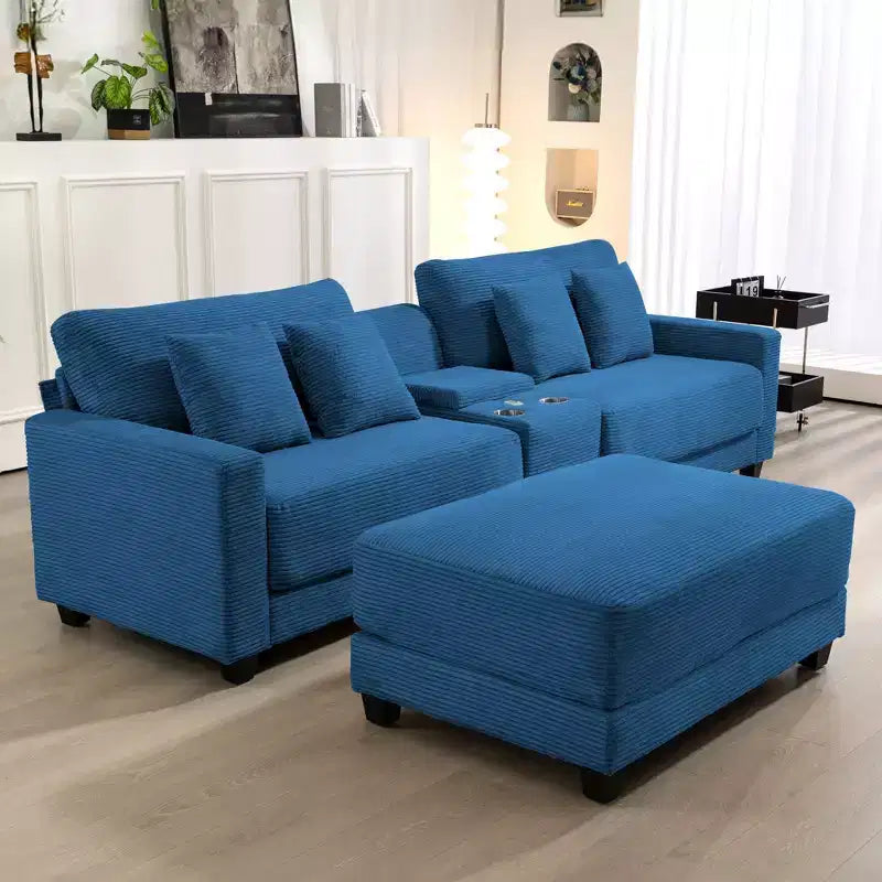 Divano sezionale a 3 posti in velluto a coste da 112" con pouf per soggiorno, 3 posti