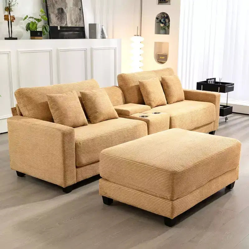 Divano sezionale a 3 posti in velluto a coste da 112" con pouf per soggiorno, 3 posti