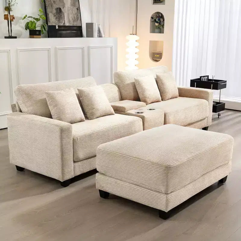 Divano sezionale a 3 posti in velluto a coste da 112" con pouf per soggiorno, 3 posti