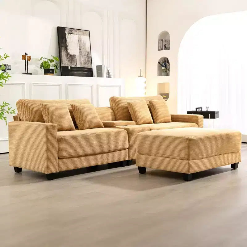Divano sezionale a 3 posti in velluto a coste da 112" con pouf per soggiorno, 3 posti