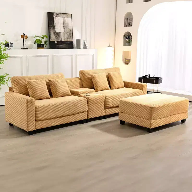 Divano sezionale a 3 posti in velluto a coste da 112" con pouf per soggiorno, 3 posti