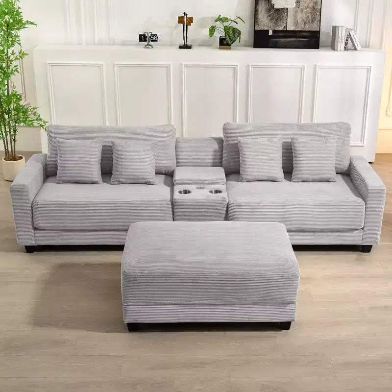 Divano sezionale a 3 posti in velluto a coste da 112" con pouf per soggiorno, 3 posti