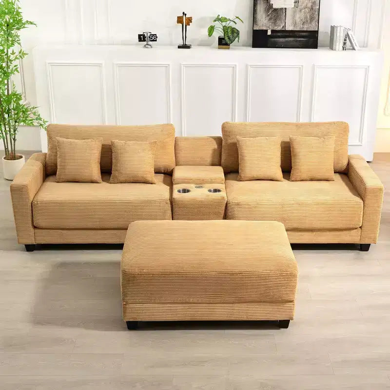 Divano sezionale a 3 posti in velluto a coste da 112" con pouf per soggiorno, 3 posti