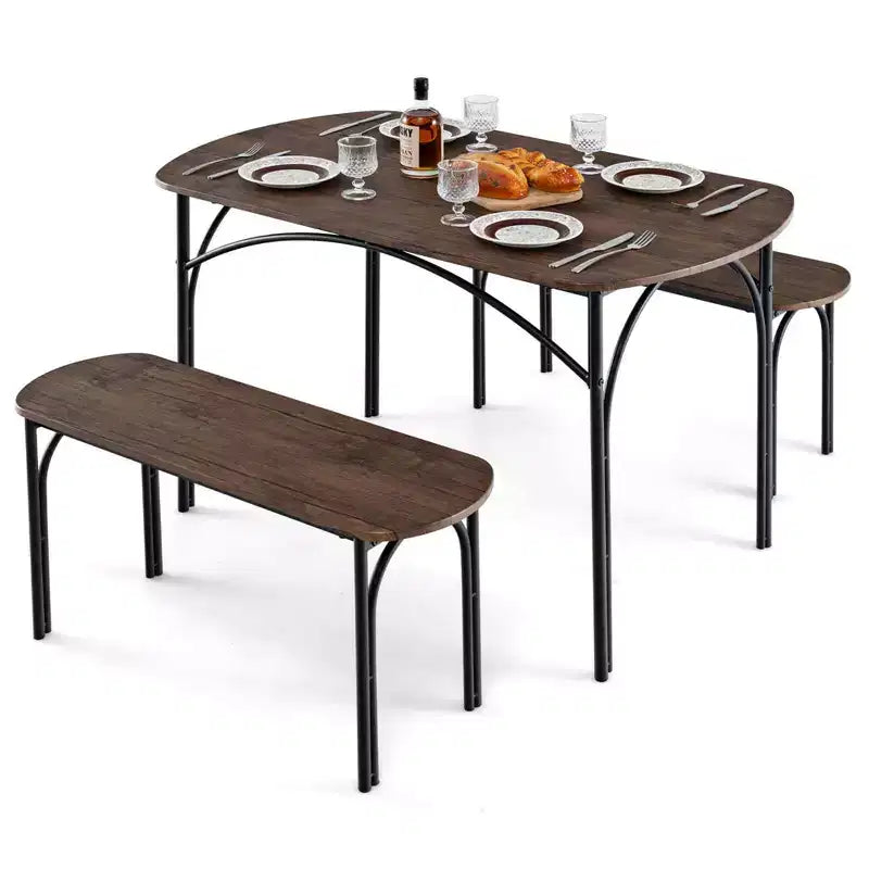 Set da pranzo 3 pezzi da 48" per 4 persone, tavolo rettangolare e 2 panche con struttura in metallo