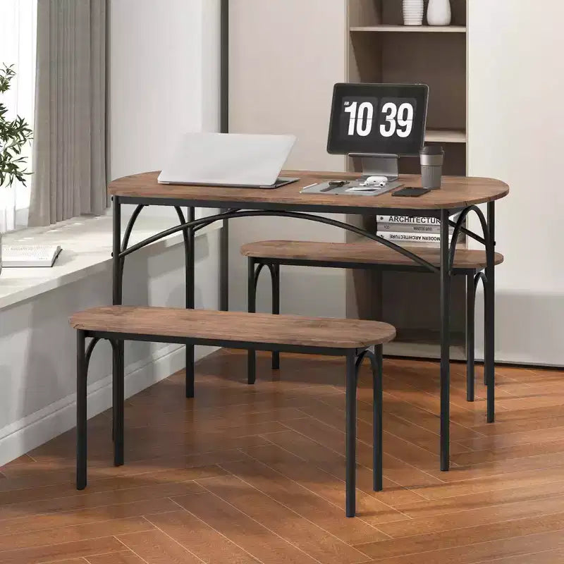 Set da pranzo 3 pezzi da 48" per 4 persone, tavolo rettangolare e 2 panche con struttura in metallo