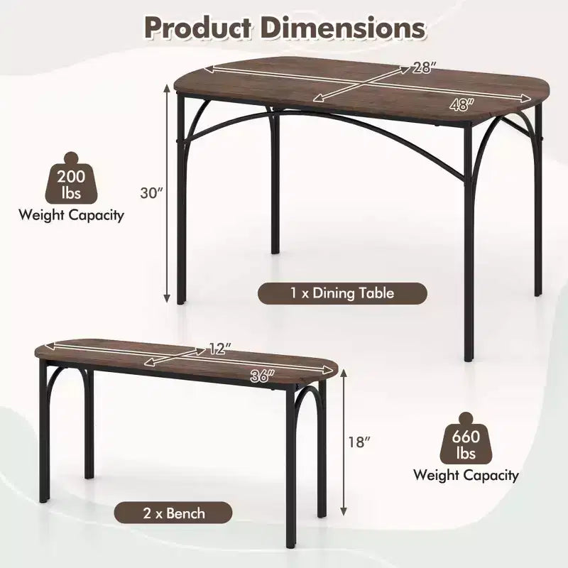 Set da pranzo 3 pezzi da 48" per 4 persone, tavolo rettangolare e 2 panche con struttura in metallo