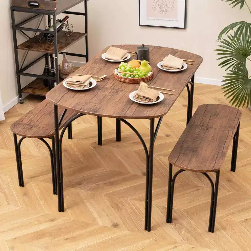 Set da pranzo 3 pezzi da 48" per 4 persone, tavolo rettangolare e 2 panche con struttura in metallo