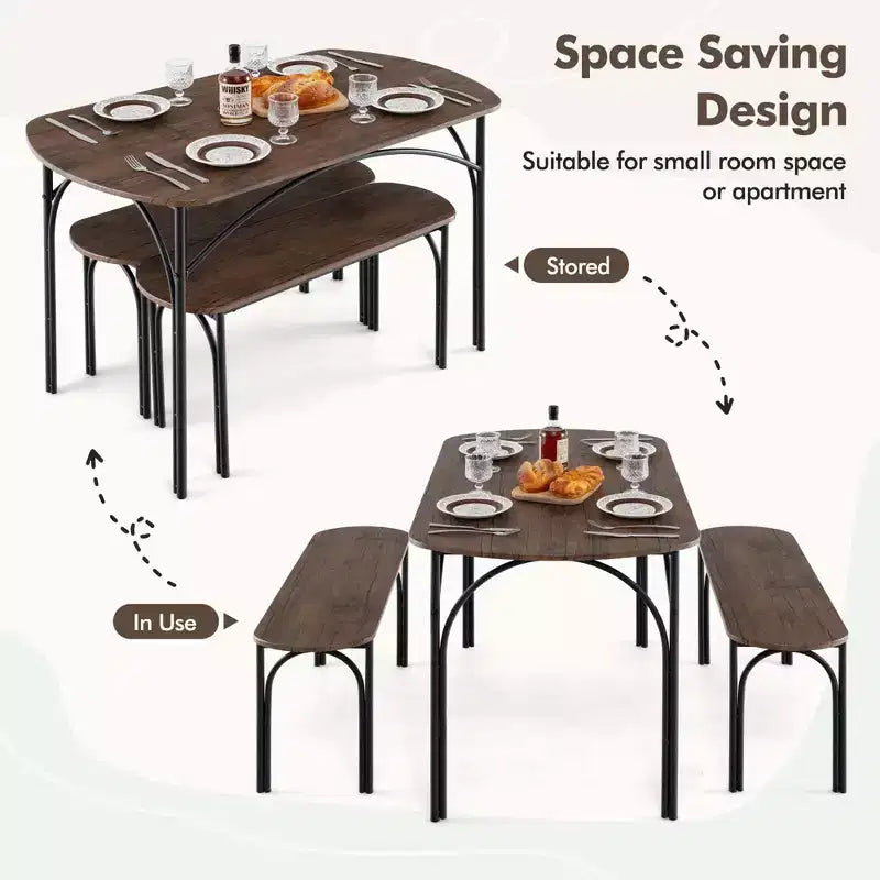 Set da pranzo 3 pezzi da 48" per 4 persone, tavolo rettangolare e 2 panche con struttura in metallo
