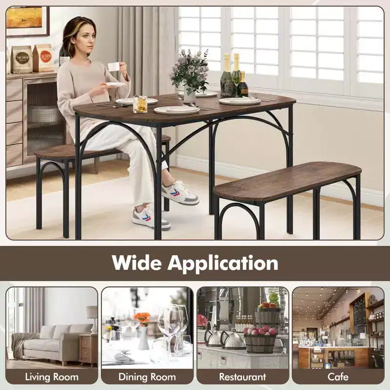 Set da pranzo 3 pezzi da 48" per 4 persone, tavolo rettangolare e 2 panche con struttura in metallo