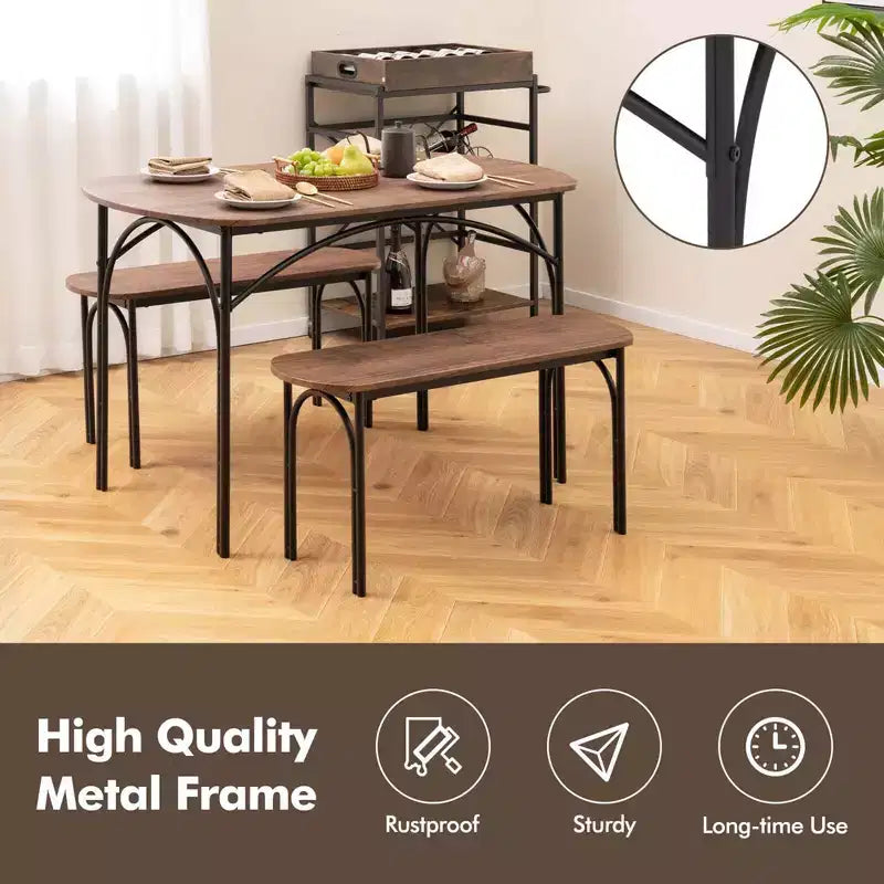 Set da pranzo 3 pezzi da 48" per 4 persone, tavolo rettangolare e 2 panche con struttura in metallo