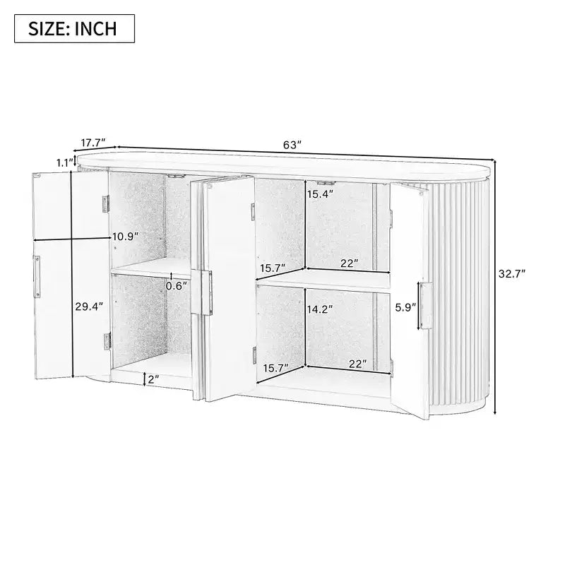 Credenza a 4 ante a strisce verticali da 160 cm con ripiani regolabili e maniglie in metallo per studio, ingresso o soggiorno